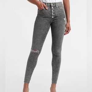 High Waisted Black Ripped Button Fly Skinny Jeans